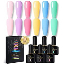 BORN PRETTY Candy Gel Polish Kit Spring Summer Macaron Color Gel Polish Colorful Bright Rainbow Pink Yellow Purple Blue Green Colors Collection 10ML 6PCS Easter Nail Art Gift Box