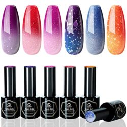 Color Changing Gel Nail Polish Set MEFA, Valentine’s Day Gift Pink Blue Orange Purple Temperature Changing with Glitter 6 Colors Ombre Nail Art, Soak Off Long Lasting Manicure Starter Kit 5ml