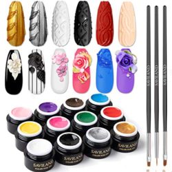 Saviland 12 Colors 2 in 1 Gel Art Paint for Nails with 3pcs Brush Pens ,6ml/pcs Cable Knit Sweater Nail with 3D Embossed Gel Nail Polish, Carve Gel Set for Flowers Animals Design(Red White Black)