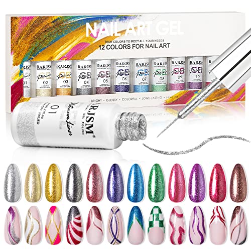 You are currently viewing Painted Gel Nail Polish Set, Nail Art Gel Metallic Liner Painting Polish Set UV LED Gel 12 Colors Platinum Liner Gel Champagne Glitter Silver Rosa Gold Green Blue Purple Gel Paint for Nail Art Design