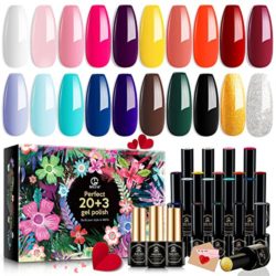 MEFA 23 Pcs Gel Nail Polish Set, Nail Gel Kit Spring with Glossy & Matte Top and Base Coat, Black Glitter White Pink Blue Collection with Classic Colors All Seasons Gift for Starter Manicure Nail Art Salon