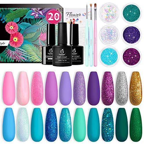You are currently viewing Beetles Gel Nail Polish Kit, Mermaid 20 Colors Soak Off Gel Polish Starter Kit with 1 Base Coat 1 Glossy & 1 Matte Top Coat 3 Nail Brushes 6 Colors Glitter 1 Mermaid Nail Stickers Holiday Gifts Set