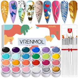 Vrenmol Gel Paint for Nail Art Kit,24 Colors Gel Nail Polish Set with 15pcs Nail Painting Brushes for Nail Art, Nail Design, DIY Manicure at Home or Professional Nail Salon