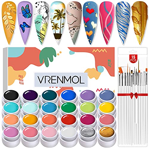 You are currently viewing Vrenmol Gel Paint for Nail Art Kit,24 Colors Gel Nail Polish Set with 15pcs Nail Painting Brushes for Nail Art, Nail Design, DIY Manicure at Home or Professional Nail Salon