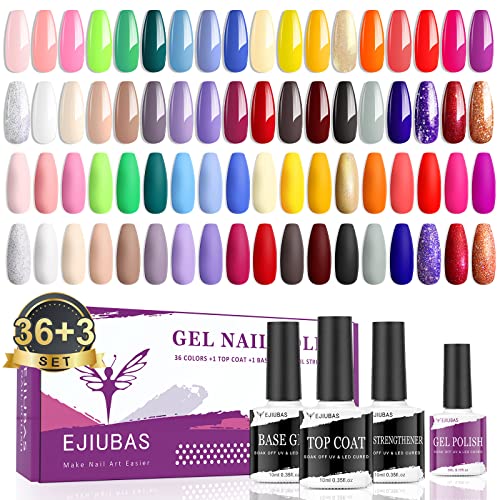 You are currently viewing Gel Nail Polish Kit 39 Pcs – Long Lasting over 30 days, Ejiubas Gel Polish Rainbow Nude Neon Glitter 36 Colors Gel with Gel Top Coat Base Coat and Nail Strengthener for Nail Art Salon or DIY Manicure