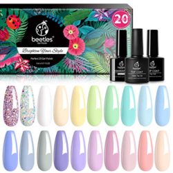 Beetles 20Pcs Gel Nail Polish Kit, with Glossy & Matte Top Coat and Base Coat – Pastel Paradise Girly Colors Collection Easter Nails , Popular Bright Nail Art Solid Sparkle Glitters Colors Gift for Girls