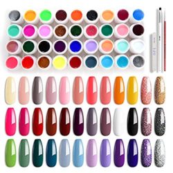 Gel Nail Polish Kit 36 Gel Polish Colors Gel Paint for Nails Art Glitter Red Solid Gel Nail Polish Set for Fall Winter Nail Gel Paint Gel Nail Polish Set with Pointed Nail Brush and Rubbing Strips (standard)