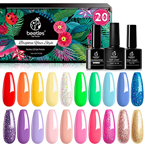 You are currently viewing Beetles Pack of 20 Colors Rainbow Summer Gel Nail Polish Kit, Soak Off LED Lamp Gel Nail Polish Set Glitter Nude Gel Polish Starter Kit with Glossy & Matte Top Gel Base Coat Kaleidoscope