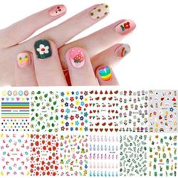 Nail Stickers for Women and Little Girls – 12 Sheets 3D Self-Adhesive DIY Nail Art Decoration Set Including Flowers Leaves Animals Plants Fruits Nail Decals for Woman Kids Girls